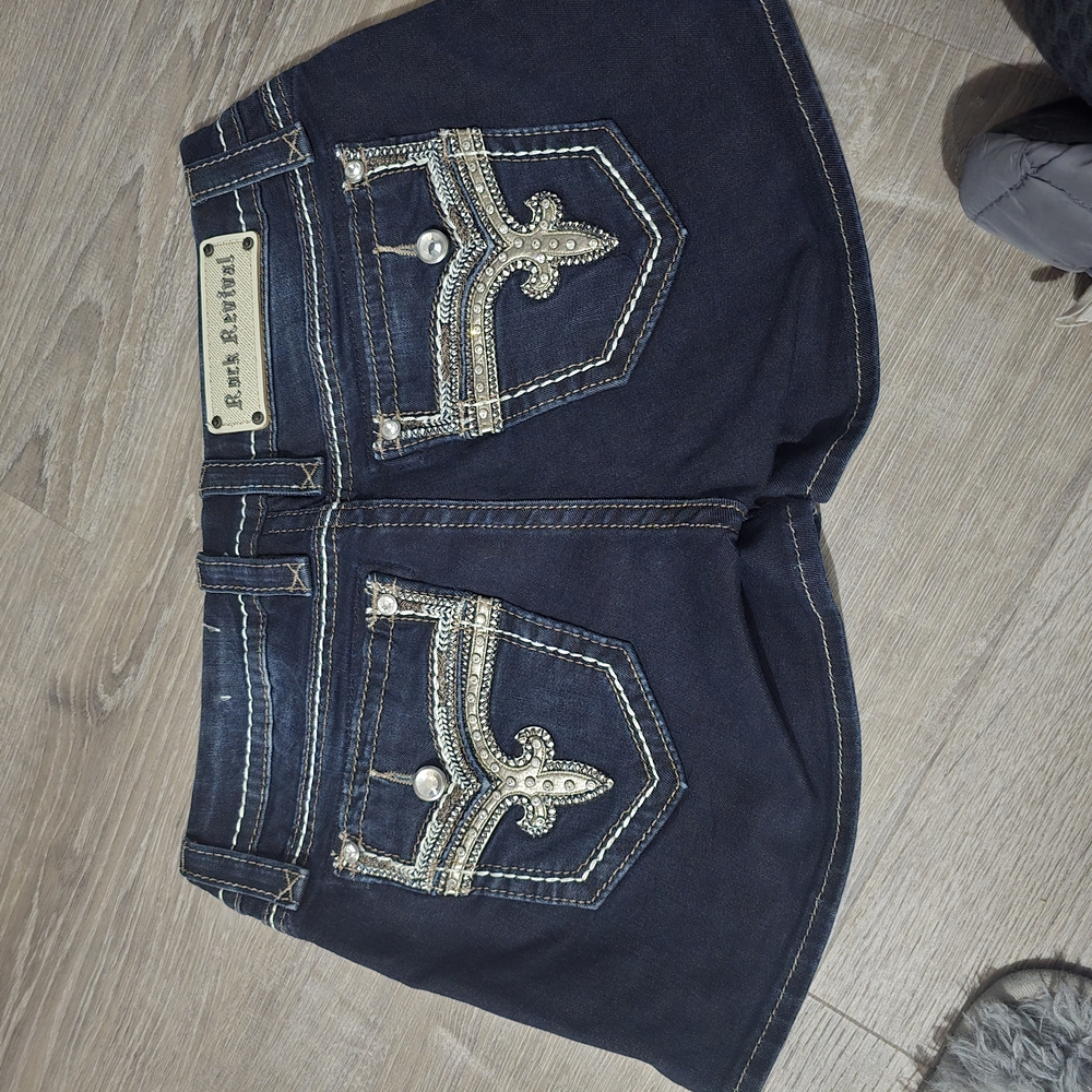Rock Revival Blue and Silver Jean Shorts with Decorative Stitching